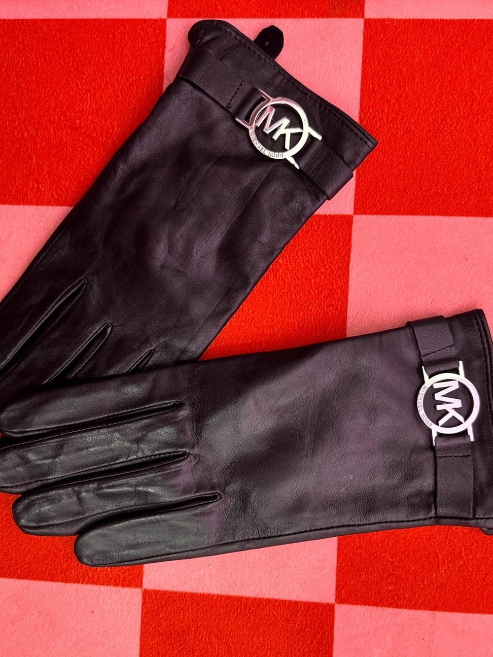 Michael Kors Black Leather Gloves with Silver MK Emblem